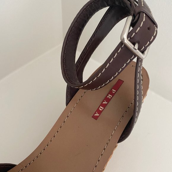 PRADA BRWN LEATHER SANDAL/WEDGE SZ 40.5 - US 9.5 - Picture 5 of 5